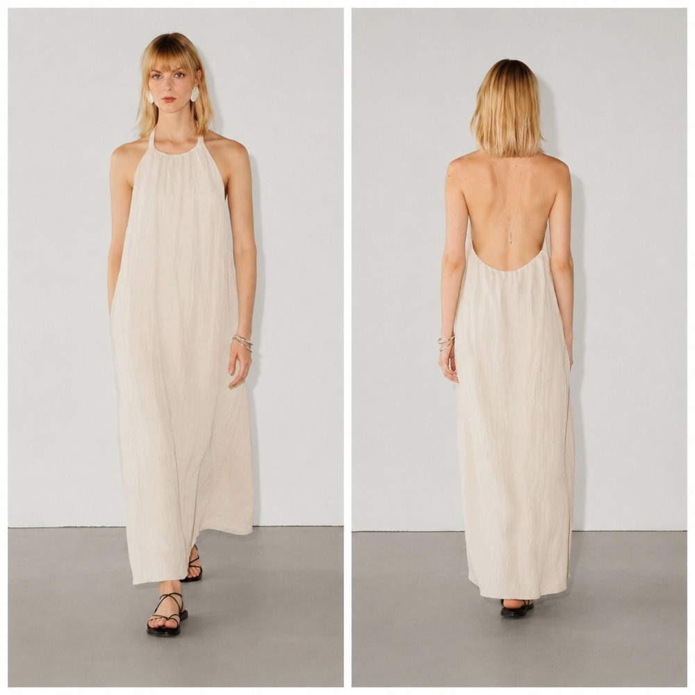Massimo Dutti 100% Linen Halter Maxi Dress Ecru Size Large Wedding Guest Resort
